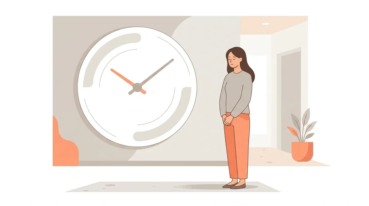 大きな壁掛け時計の前に静かに佇む女性のイラスト。社会的時計に追い立てられる感覚を落ち着いたトーンで表現